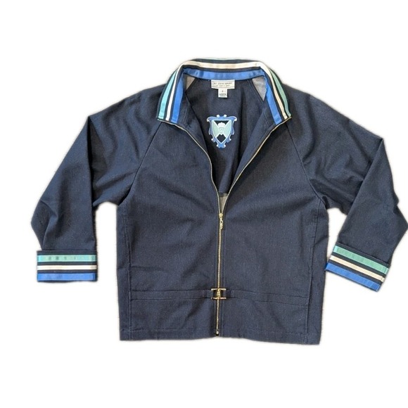 St John Marie Gray jacket S 3/4 Sleeve Full Zip Navy Blue Striped Trim Pockets